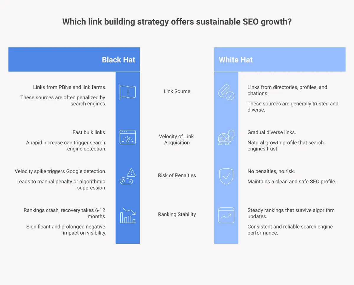 White hat vs black hat link building: gradual safe growth versus penalty-risk spikes