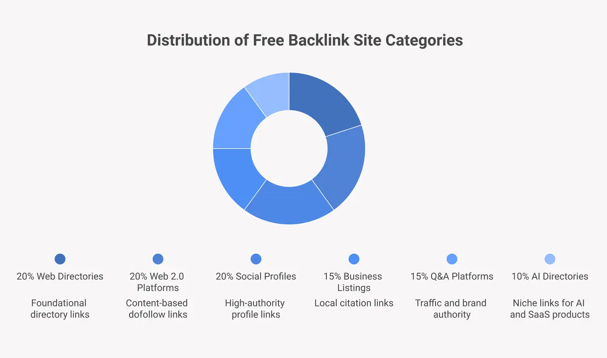 50+ free backlink sites organized by category: directories, web 2.0, profiles, listings, and AI directories
