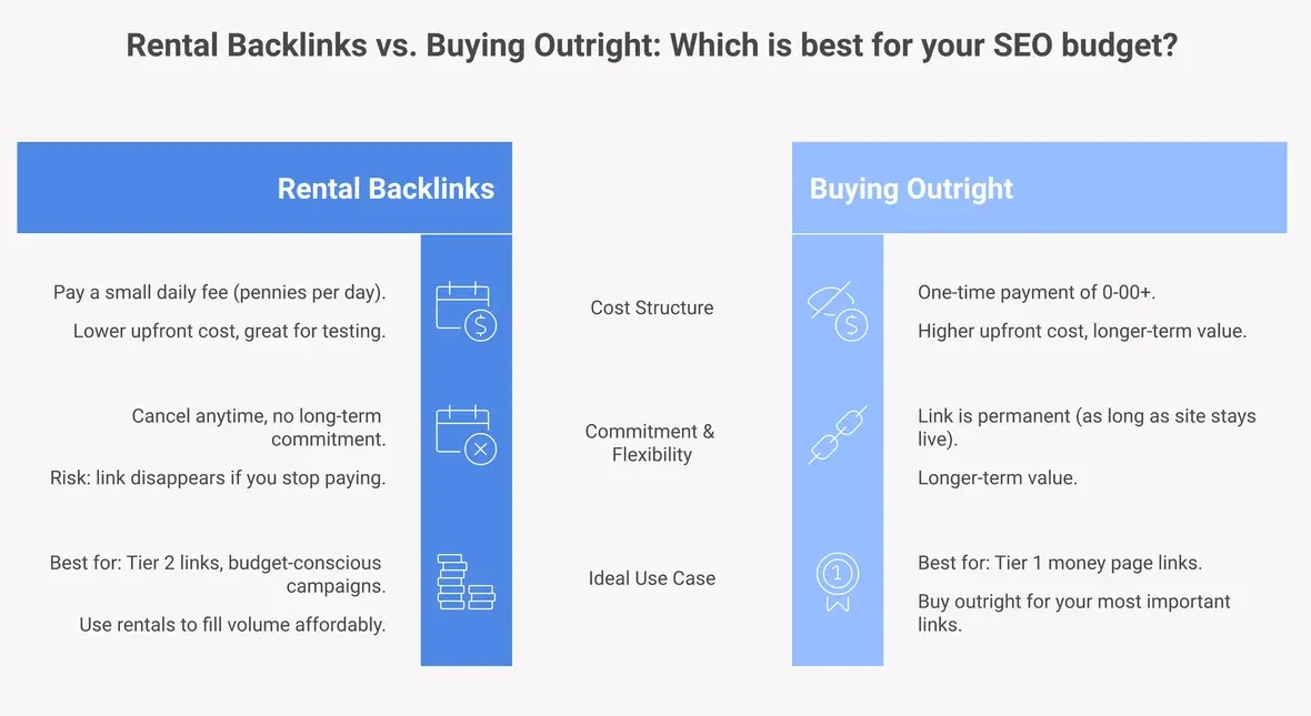 Rental backlinks vs buying outright comparison chart showing cost and flexibility tradeoffs