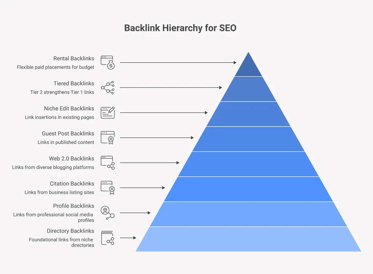 All types of backlinks overview showing 8 categories from directory to rental links
