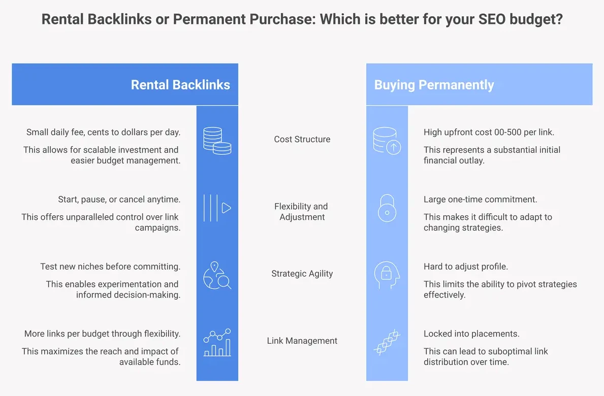 Before and after comparison of buying backlinks versus rental backlinks showing cost and flexibility tradeoffs