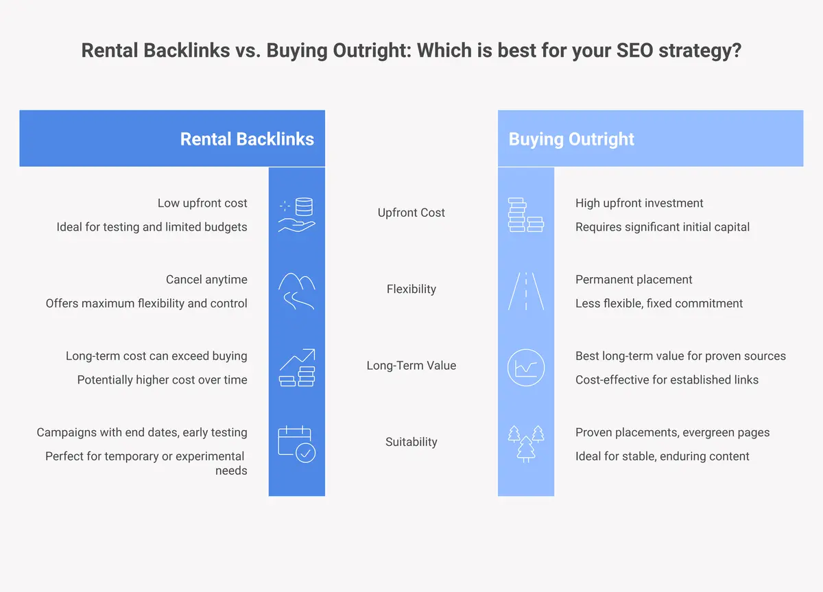 Comparison of rental backlinks vs buying outright showing pros, cons, and best use cases